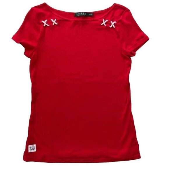 LAUREN Ralph Lauren Red Short Sleeve Nautical Summer Jersey Top, Medium - Picture 1 of 10